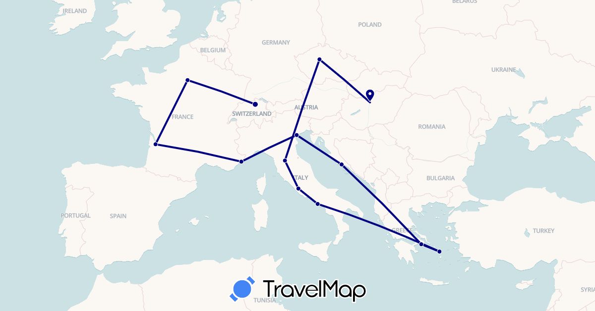 TravelMap itinerary: driving in Switzerland, Czech Republic, France, Greece, Croatia, Hungary, Italy (Europe)